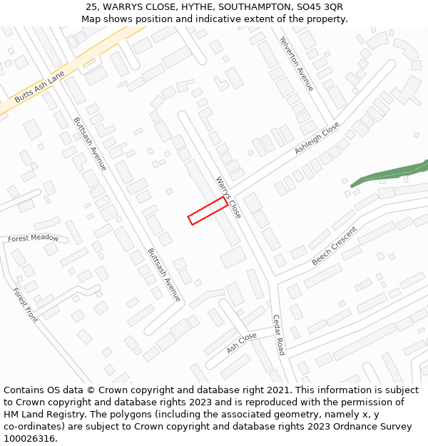 25, WARRYS CLOSE, HYTHE, SOUTHAMPTON, SO45 3QR: Location map and indicative extent of plot