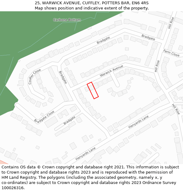 25, WARWICK AVENUE, CUFFLEY, POTTERS BAR, EN6 4RS: Location map and indicative extent of plot