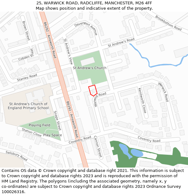 25, WARWICK ROAD, RADCLIFFE, MANCHESTER, M26 4FF: Location map and indicative extent of plot