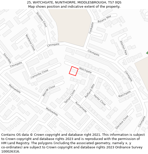 25, WATCHGATE, NUNTHORPE, MIDDLESBROUGH, TS7 0QS: Location map and indicative extent of plot