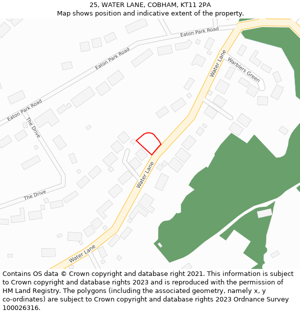25, WATER LANE, COBHAM, KT11 2PA: Location map and indicative extent of plot