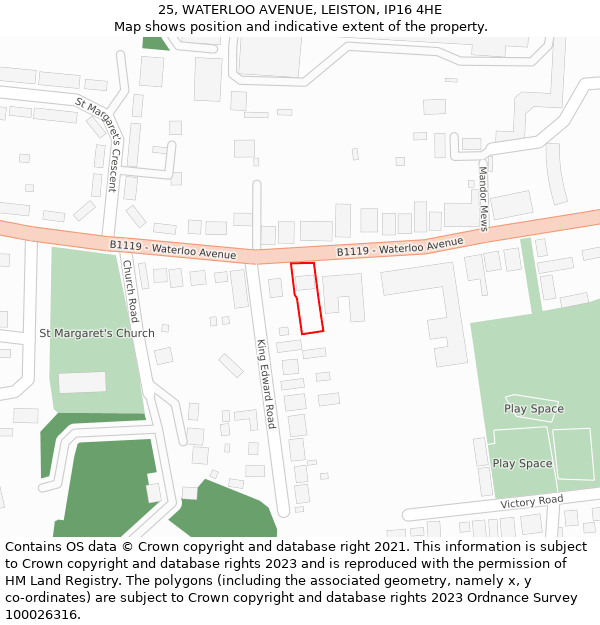 25, WATERLOO AVENUE, LEISTON, IP16 4HE: Location map and indicative extent of plot