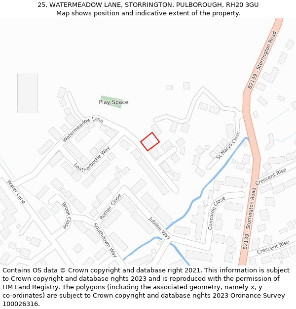 25, WATERMEADOW LANE, STORRINGTON, PULBOROUGH, RH20 3GU: Location map and indicative extent of plot