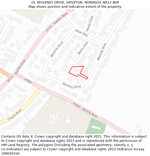 25, WAVENEY DRIVE, HOVETON, NORWICH, NR12 8DP: Location map and indicative extent of plot