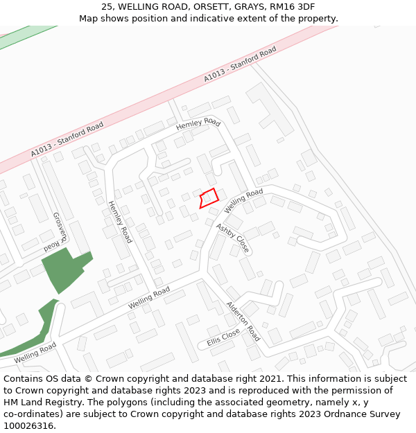 25, WELLING ROAD, ORSETT, GRAYS, RM16 3DF: Location map and indicative extent of plot