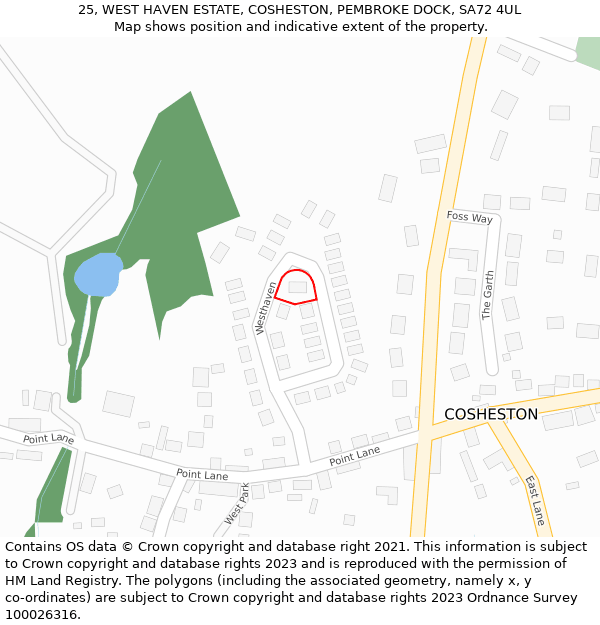 25, WEST HAVEN ESTATE, COSHESTON, PEMBROKE DOCK, SA72 4UL: Location map and indicative extent of plot