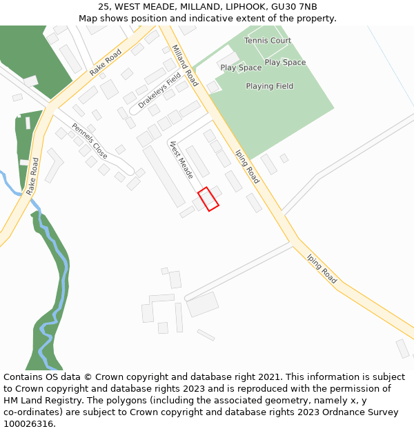 25, WEST MEADE, MILLAND, LIPHOOK, GU30 7NB: Location map and indicative extent of plot