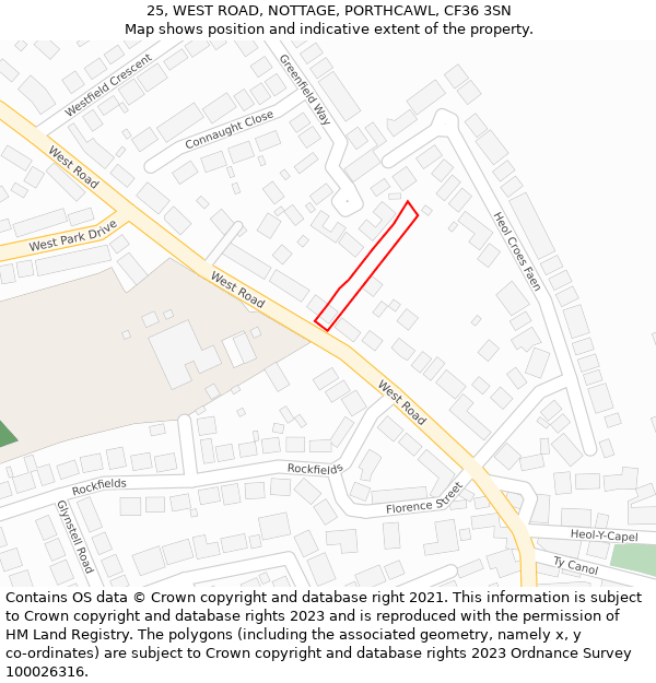 25, WEST ROAD, NOTTAGE, PORTHCAWL, CF36 3SN: Location map and indicative extent of plot