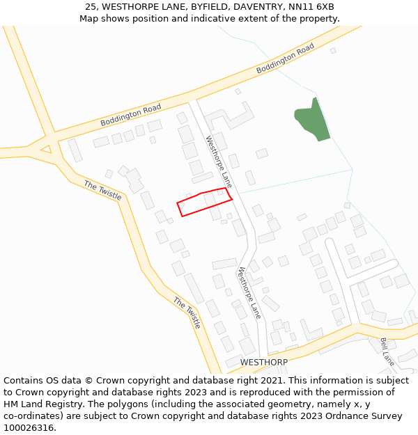 25, WESTHORPE LANE, BYFIELD, DAVENTRY, NN11 6XB: Location map and indicative extent of plot