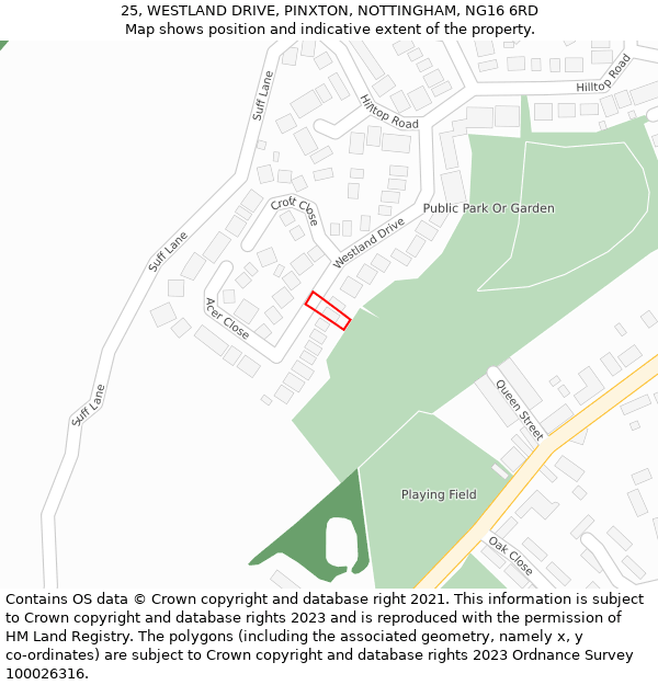 25, WESTLAND DRIVE, PINXTON, NOTTINGHAM, NG16 6RD: Location map and indicative extent of plot