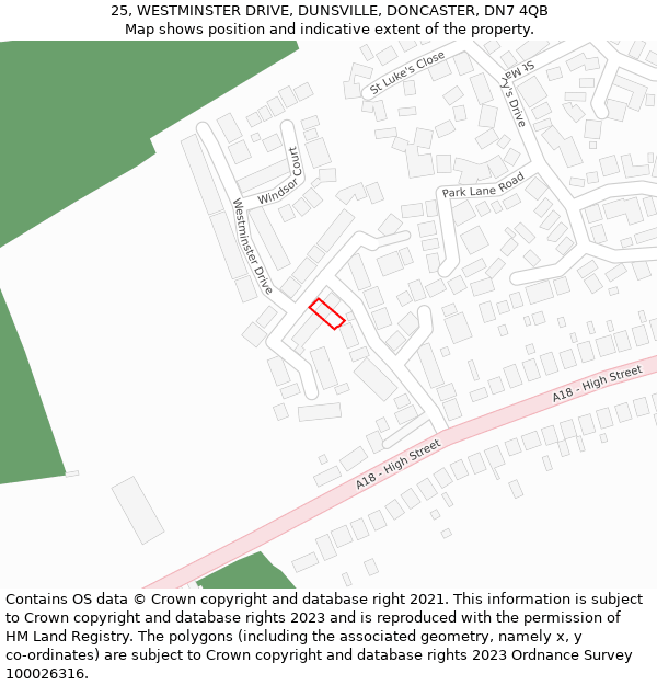 25, WESTMINSTER DRIVE, DUNSVILLE, DONCASTER, DN7 4QB: Location map and indicative extent of plot