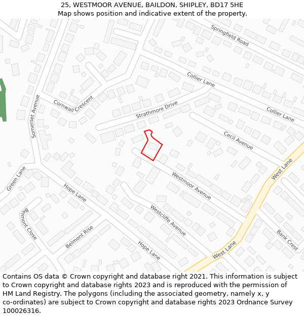 25, WESTMOOR AVENUE, BAILDON, SHIPLEY, BD17 5HE: Location map and indicative extent of plot