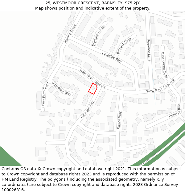 25, WESTMOOR CRESCENT, BARNSLEY, S75 2JY: Location map and indicative extent of plot