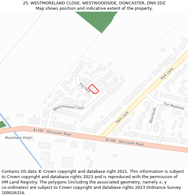 25, WESTMORELAND CLOSE, WESTWOODSIDE, DONCASTER, DN9 2DZ: Location map and indicative extent of plot