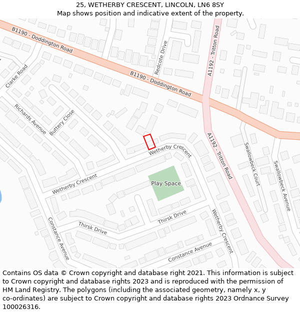 25, WETHERBY CRESCENT, LINCOLN, LN6 8SY: Location map and indicative extent of plot