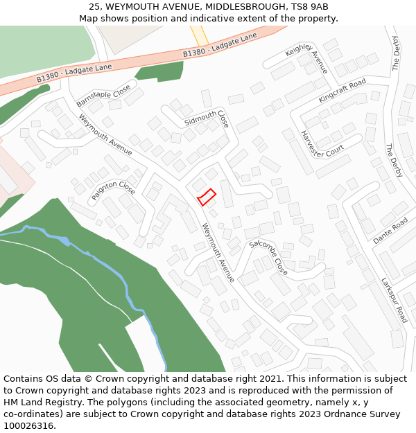 25, WEYMOUTH AVENUE, MIDDLESBROUGH, TS8 9AB: Location map and indicative extent of plot