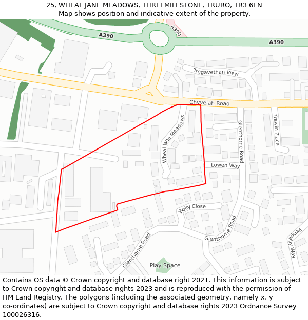 25, WHEAL JANE MEADOWS, THREEMILESTONE, TRURO, TR3 6EN: Location map and indicative extent of plot