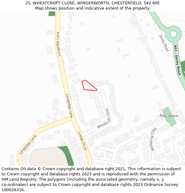 25, WHEATCROFT CLOSE, WINGERWORTH, CHESTERFIELD, S42 6PE: Location map and indicative extent of plot