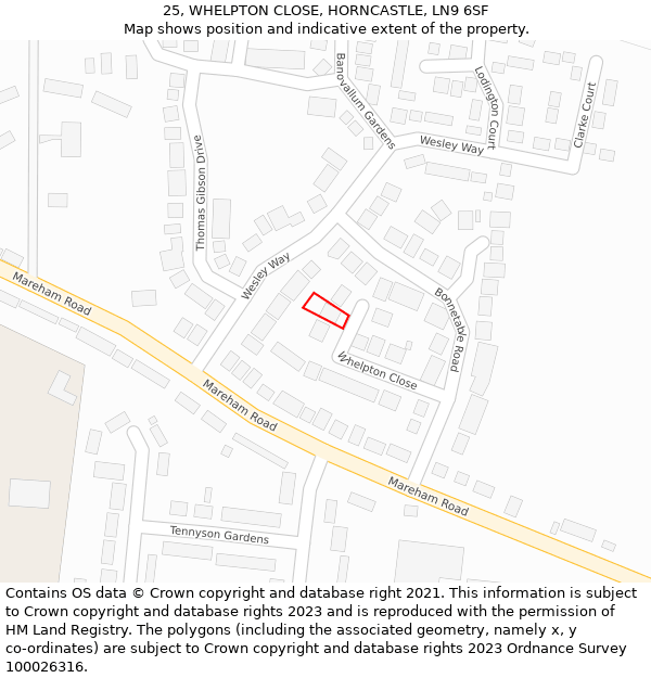 25, WHELPTON CLOSE, HORNCASTLE, LN9 6SF: Location map and indicative extent of plot