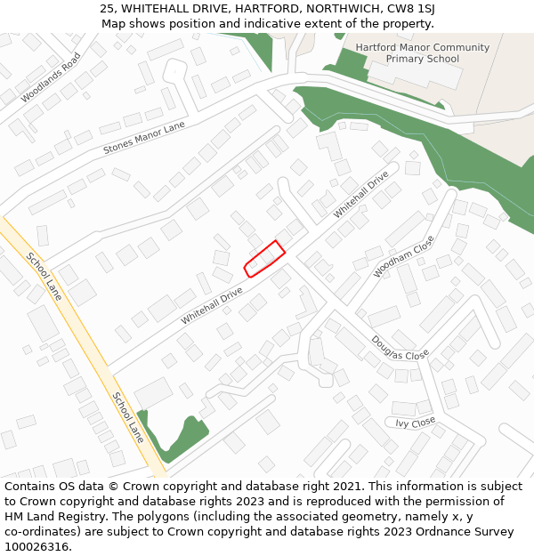 25, WHITEHALL DRIVE, HARTFORD, NORTHWICH, CW8 1SJ: Location map and indicative extent of plot