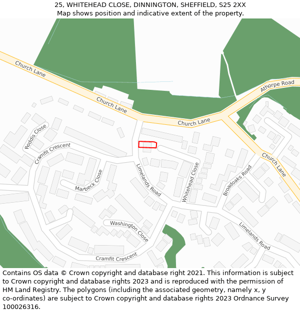 25, WHITEHEAD CLOSE, DINNINGTON, SHEFFIELD, S25 2XX: Location map and indicative extent of plot