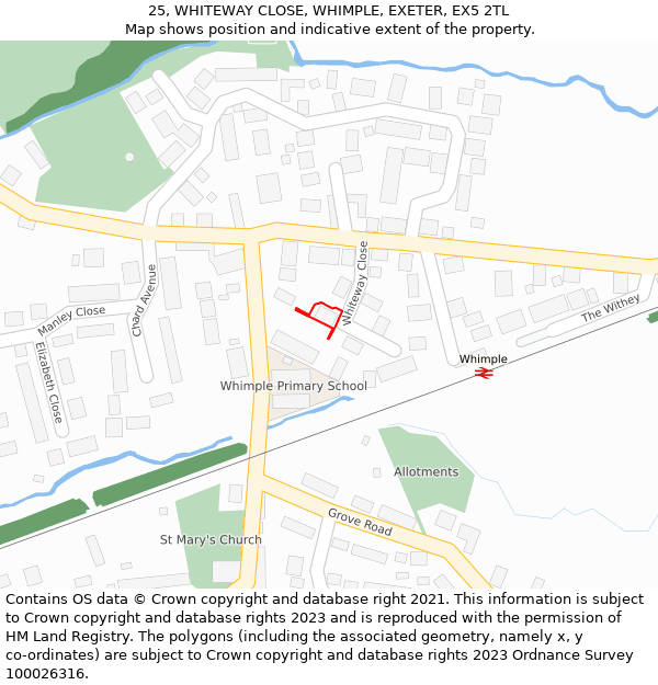 25, WHITEWAY CLOSE, WHIMPLE, EXETER, EX5 2TL: Location map and indicative extent of plot