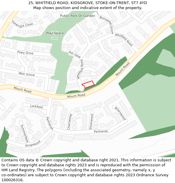 25, WHITFIELD ROAD, KIDSGROVE, STOKE-ON-TRENT, ST7 4YD: Location map and indicative extent of plot