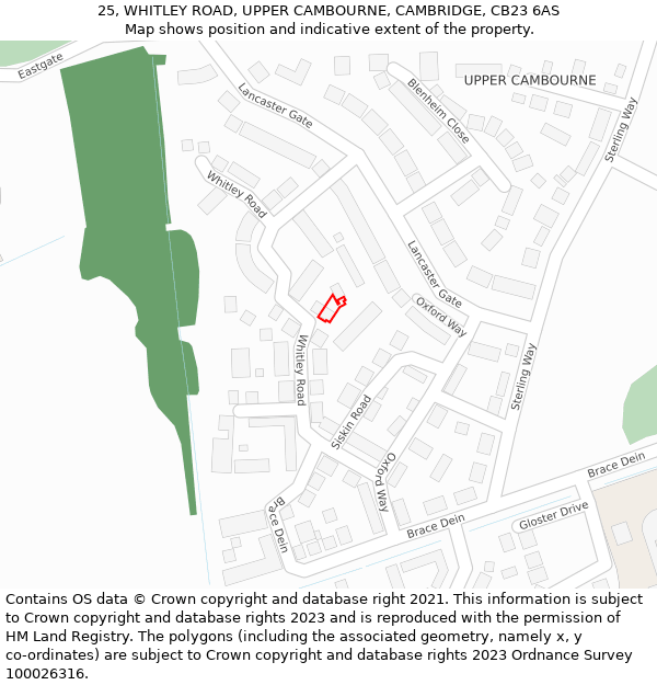 25, WHITLEY ROAD, UPPER CAMBOURNE, CAMBRIDGE, CB23 6AS: Location map and indicative extent of plot