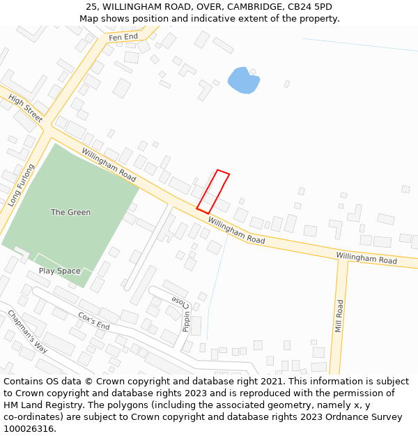 25, WILLINGHAM ROAD, OVER, CAMBRIDGE, CB24 5PD: Location map and indicative extent of plot