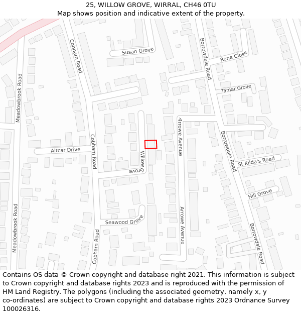 25, WILLOW GROVE, WIRRAL, CH46 0TU: Location map and indicative extent of plot