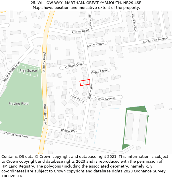 25, WILLOW WAY, MARTHAM, GREAT YARMOUTH, NR29 4SB: Location map and indicative extent of plot