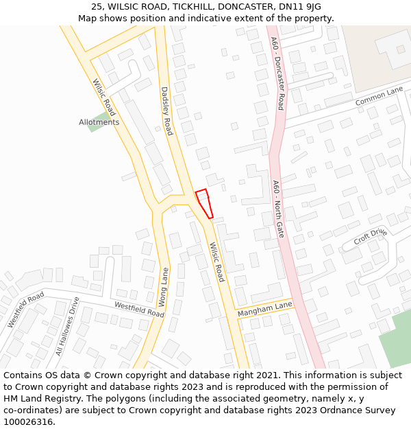 25, WILSIC ROAD, TICKHILL, DONCASTER, DN11 9JG: Location map and indicative extent of plot
