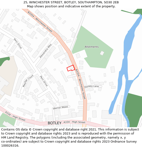25, WINCHESTER STREET, BOTLEY, SOUTHAMPTON, SO30 2EB: Location map and indicative extent of plot