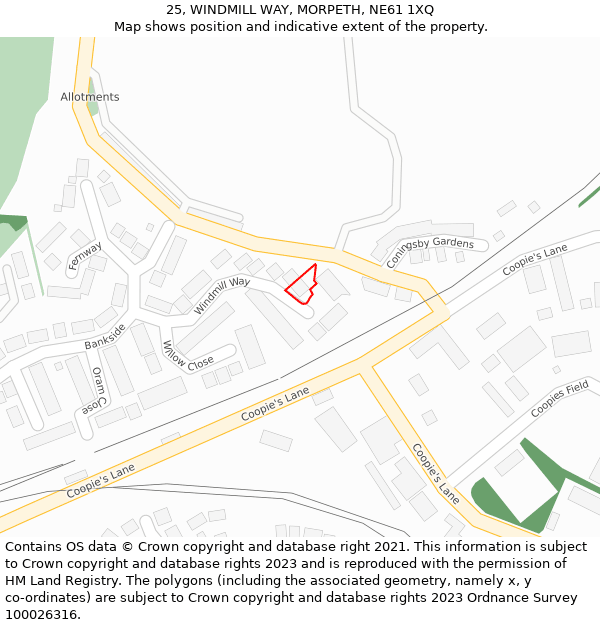 25, WINDMILL WAY, MORPETH, NE61 1XQ: Location map and indicative extent of plot