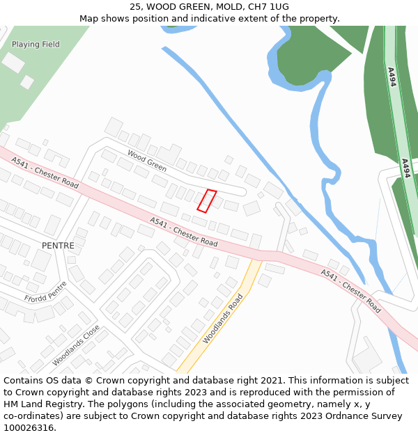 25, WOOD GREEN, MOLD, CH7 1UG: Location map and indicative extent of plot