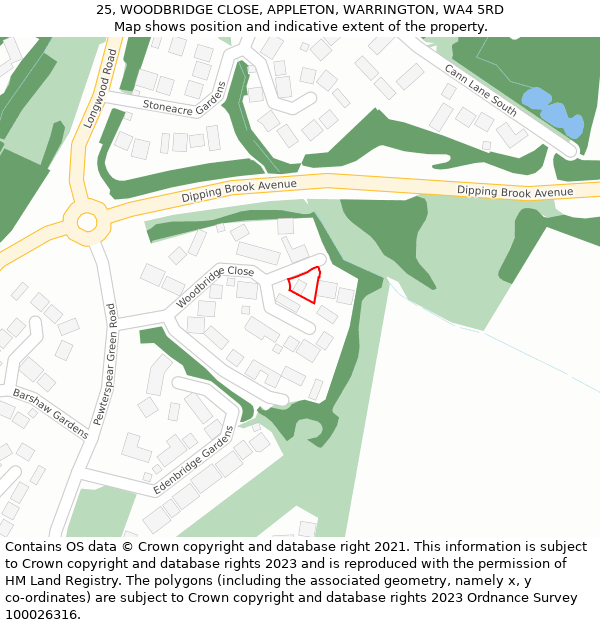 25, WOODBRIDGE CLOSE, APPLETON, WARRINGTON, WA4 5RD: Location map and indicative extent of plot