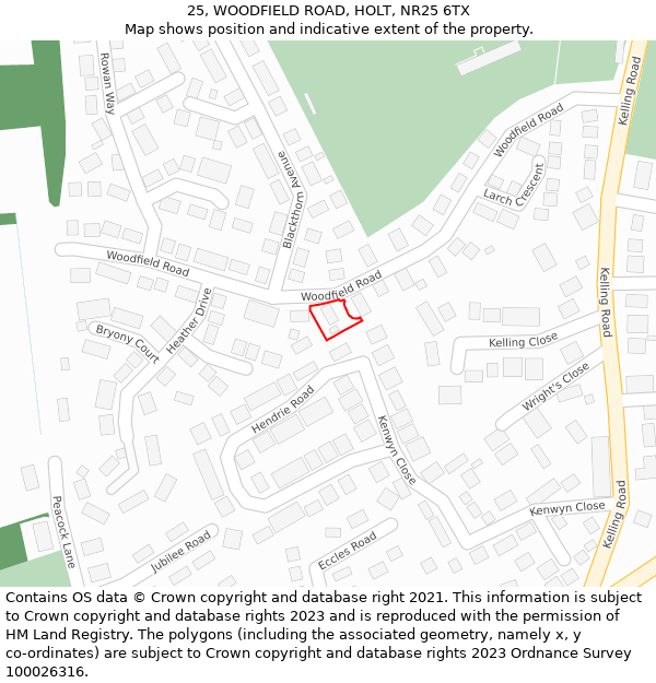 25, WOODFIELD ROAD, HOLT, NR25 6TX: Location map and indicative extent of plot