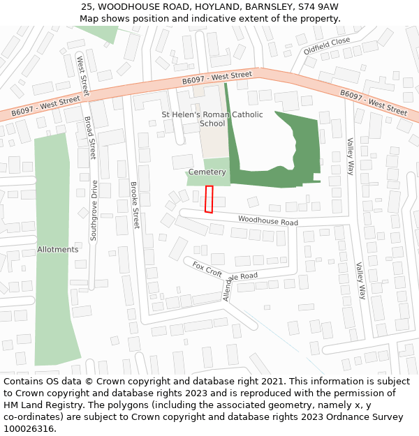 25, WOODHOUSE ROAD, HOYLAND, BARNSLEY, S74 9AW: Location map and indicative extent of plot