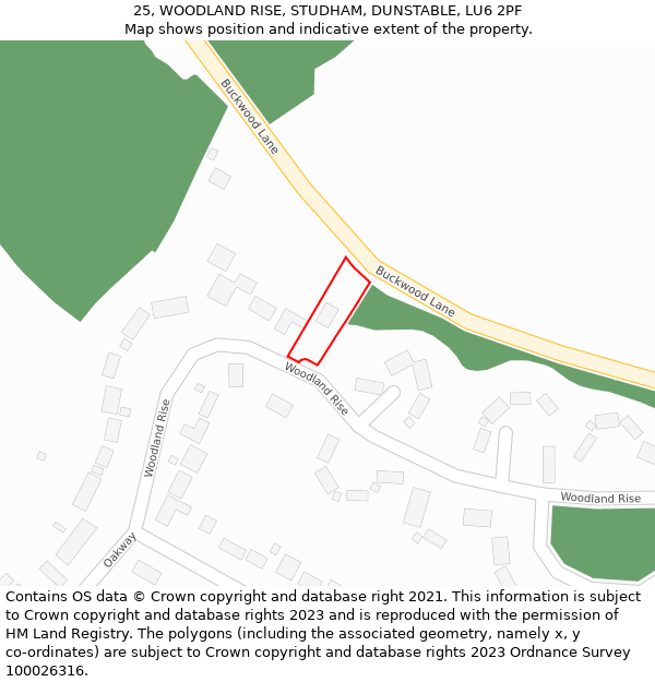 25, WOODLAND RISE, STUDHAM, DUNSTABLE, LU6 2PF: Location map and indicative extent of plot
