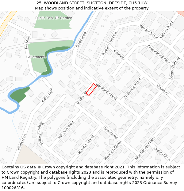 25, WOODLAND STREET, SHOTTON, DEESIDE, CH5 1HW: Location map and indicative extent of plot