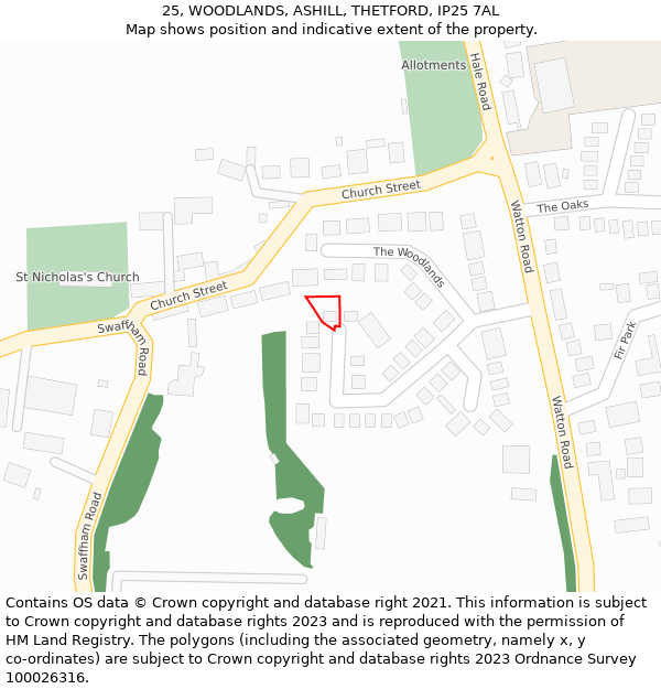 25, WOODLANDS, ASHILL, THETFORD, IP25 7AL: Location map and indicative extent of plot