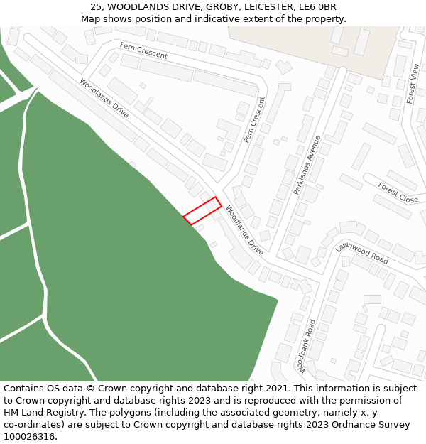 25, WOODLANDS DRIVE, GROBY, LEICESTER, LE6 0BR: Location map and indicative extent of plot