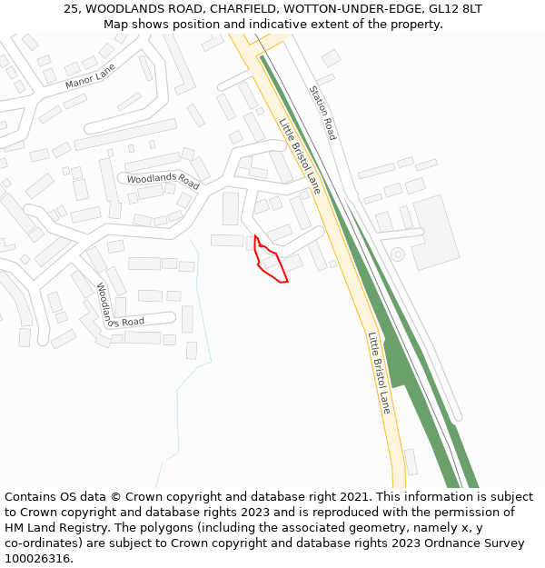 25, WOODLANDS ROAD, CHARFIELD, WOTTON-UNDER-EDGE, GL12 8LT: Location map and indicative extent of plot