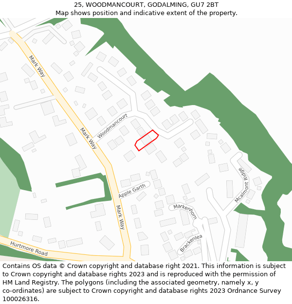 25, WOODMANCOURT, GODALMING, GU7 2BT: Location map and indicative extent of plot