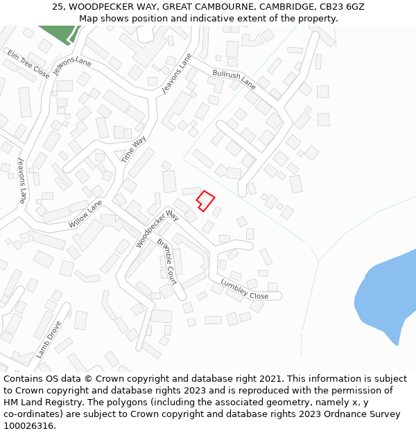 25, WOODPECKER WAY, GREAT CAMBOURNE, CAMBRIDGE, CB23 6GZ: Location map and indicative extent of plot