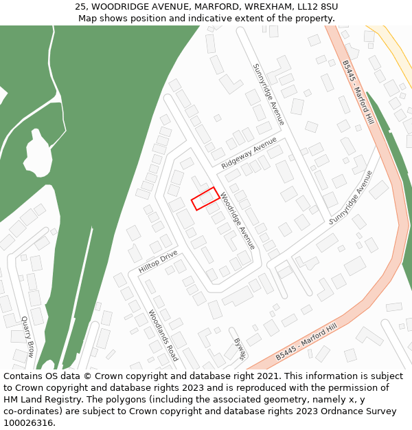25, WOODRIDGE AVENUE, MARFORD, WREXHAM, LL12 8SU: Location map and indicative extent of plot