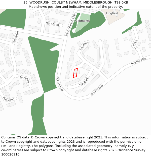 25, WOODRUSH, COULBY NEWHAM, MIDDLESBROUGH, TS8 0XB: Location map and indicative extent of plot
