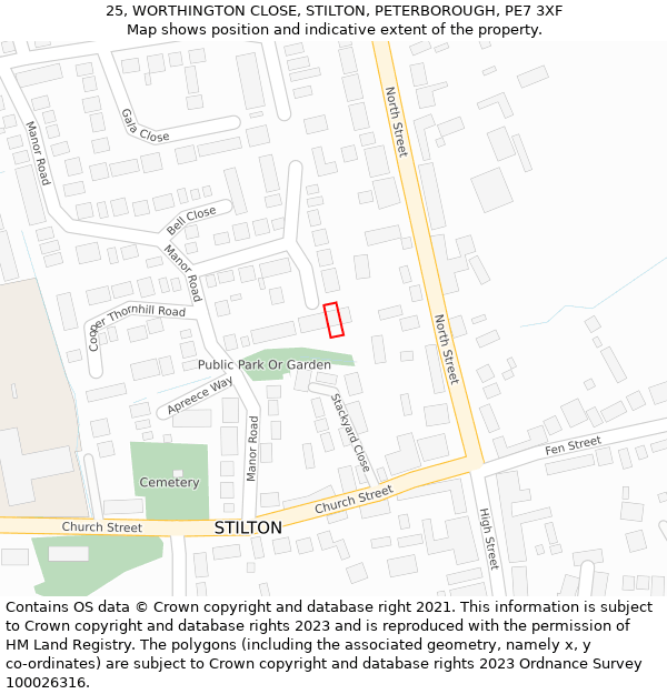 25, WORTHINGTON CLOSE, STILTON, PETERBOROUGH, PE7 3XF: Location map and indicative extent of plot