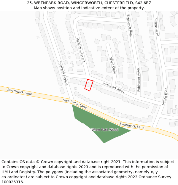 25, WRENPARK ROAD, WINGERWORTH, CHESTERFIELD, S42 6RZ: Location map and indicative extent of plot