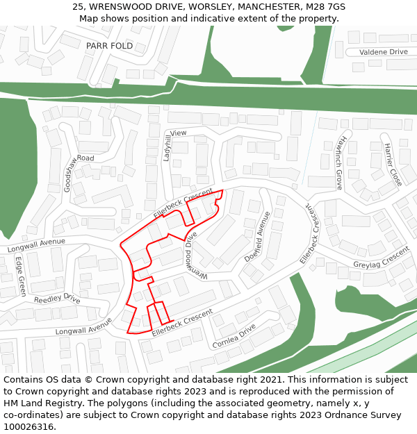 25, WRENSWOOD DRIVE, WORSLEY, MANCHESTER, M28 7GS: Location map and indicative extent of plot